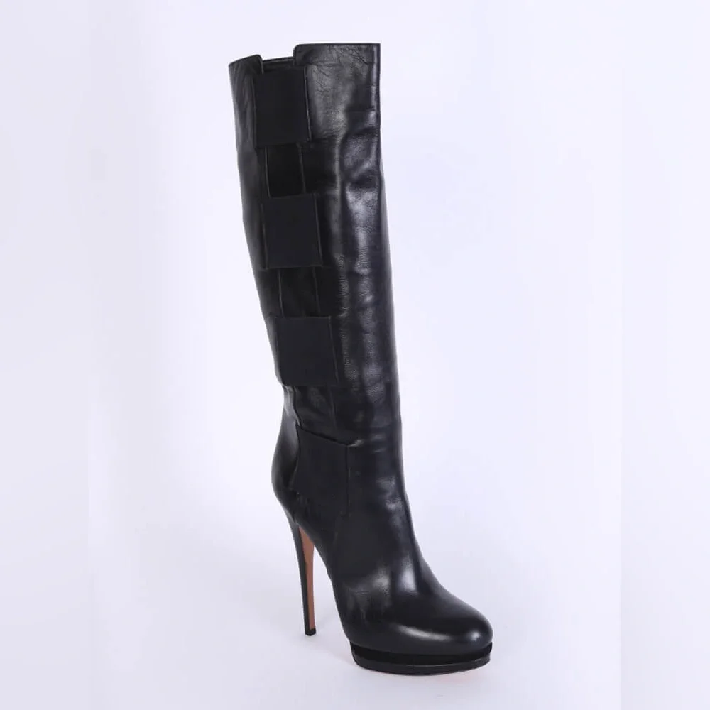 Casadei Knee High Black Leather Boots with Elastic Detail. Sz. 7 - Picture 3 of 8